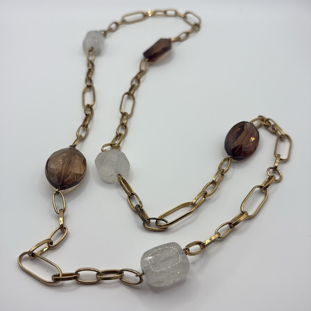 Vintage Gold Necklace with Clear and Brown Stones 30”